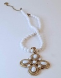 Gold Tone White Beaded Necklace with Large Pendant with White Stones