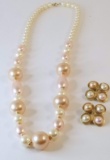 Pink & Ivory Tone Faux Pearl Necklace with Matching Earrings