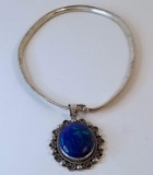 Silver Tone Necklace with Large Pendant & Blue Stone