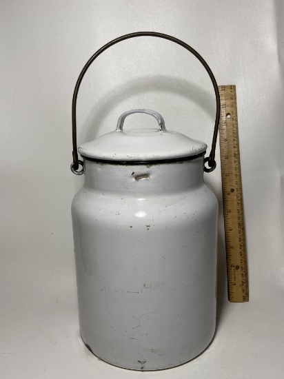 Vintage White Enamel Jug with Lid & Handle