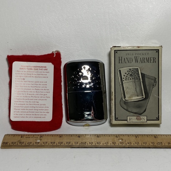 1955 Pocket Hand Warmer with Box & Drawstring Pouch Reproduction