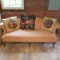 Camel Back Sofa with Wooden Queen Anne Legs & Beautiful Tapestry Throw Pillows