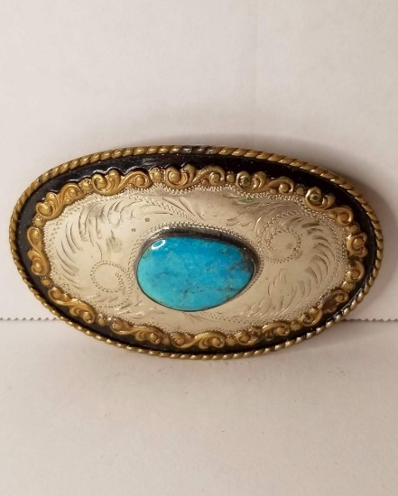German Silver Vintage Western Belt Buckle w/ Turquoise Stone