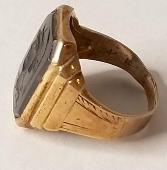 10K Gold Ring with Etched Viking on Onyx Stone