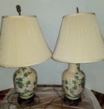 Pair of Floral Ceramic Vase Lamps with Shades