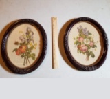 Pair of Carved Oval Frames with Floral Prints