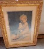 Adorable Baby with Puppy Print in Ornately Carved Gilt Frame