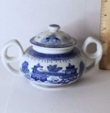 Porcelain Blue & White Oriental Style Lidded Sugar Bowl