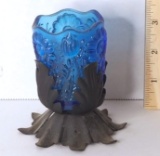 Early Blue Glass Toothpick Holder in Metal Stand