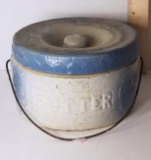 Early Blue & White Salt Glaze Butter Dish w/ Lid & Wire Handle