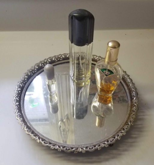 Lot of Misc Perfume on Silver Tone Round Dresser Mirror