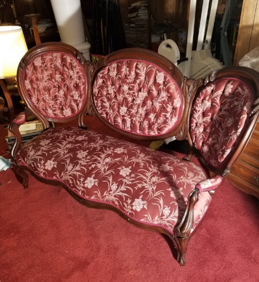 Victorian Loveseat with Floral Upholstery & Ornate Carvings