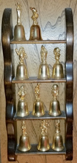 Lot of Vintage Collectible Disney Bells with Wooden Shelf