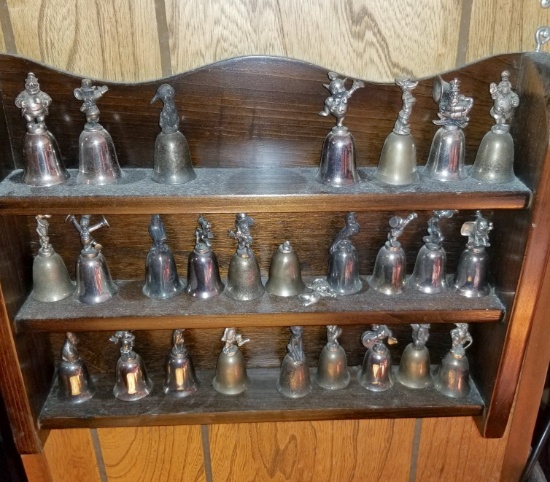 Lot of Vintage Disney Collectible Bells with Wooden Shelf