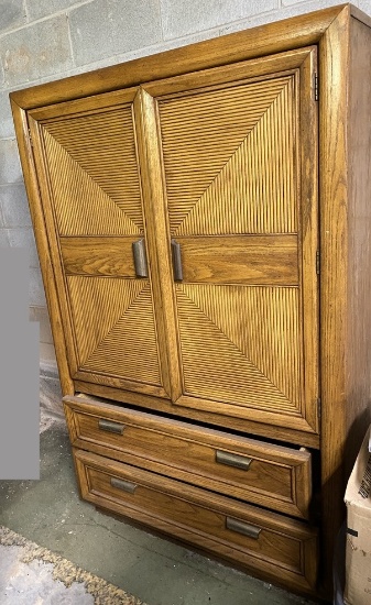 Nice Oak Armoire with Inlaid Rattan Geometric Design