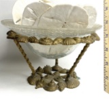 Unique Brass Seashell Stand with Glass Bowl Filled with Sand Dollars