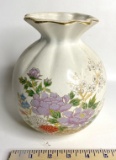 Vintage Ceramic Vase with Gold Trim and Flower Design