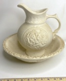 Ceramic Wash Pitcher & Basin w/ Embossed Floral Design