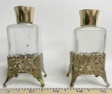 2 Glass Perfume Bottles w/ Decorative Metal Stands