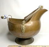 Copper & Brass Coal Bucket w/ Blue & White Porcelain Handle