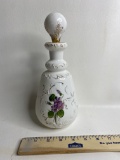 Vintage Milk Glass Scent Bottle W/ Stopper& Sweet Violet Design & Gilt Trim