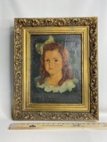 Vintage Oil on Canvas Portrait of Young Girl in Beautiful Frame