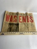 Vintage “WAR ENDS” WWII Newspaper