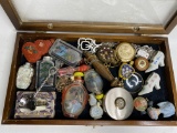 Vintage Wooden Display Box with Glass Top & Contents - Includes Many Unique Treasures