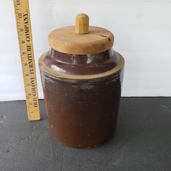 Vintage Pottery Churn or Crock with Wood Lid