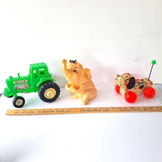 Lot of 3 Vintage Toys, Ashland Elephant, Plastic Tractor, Fisher Price Dog