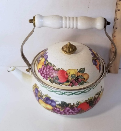 Vintage Enamelware Teapot with Fruit Design