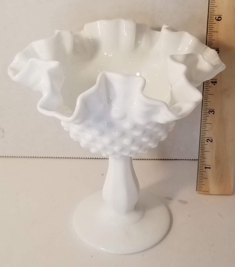 White Hobnail Compote by Fenton - Signed on Bottom