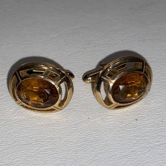 Pair of Gold Tone Swank Cufflinks with Amber Stones