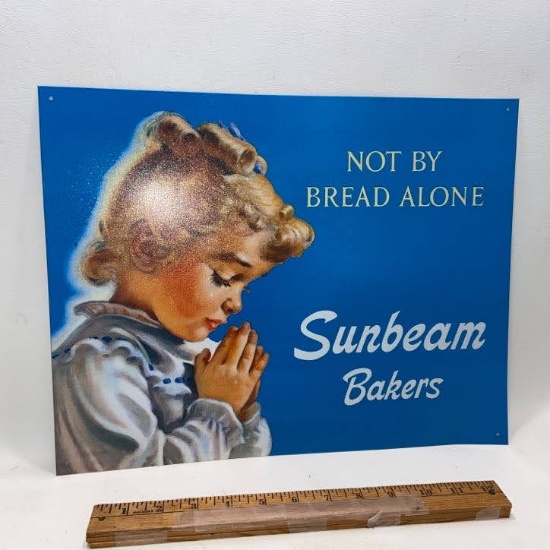 “Not by Bread Along” Sunbeam Bakers Praying Girl Metal Reproduction Sign