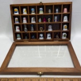 Wooden Case with Glass Front Full of Misc Collectible Thimbles