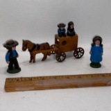 Lot of Cast Iron Amish Figurines & Wooden Horse & Cart