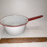 White Enamel Pot with Red Handle