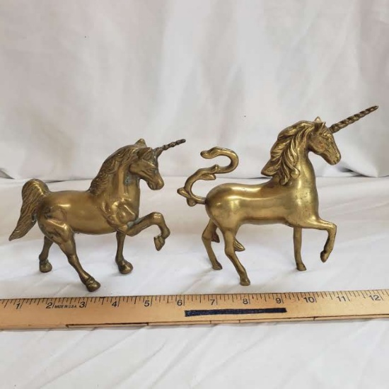 Pair of Vintage Brass Prancing Unicorn Figurines