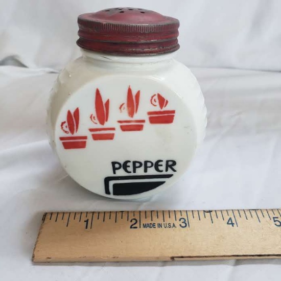 Vintage Art Deco Milk Glass Pepper Shaker with Lid Vitrock Red Flower Pots