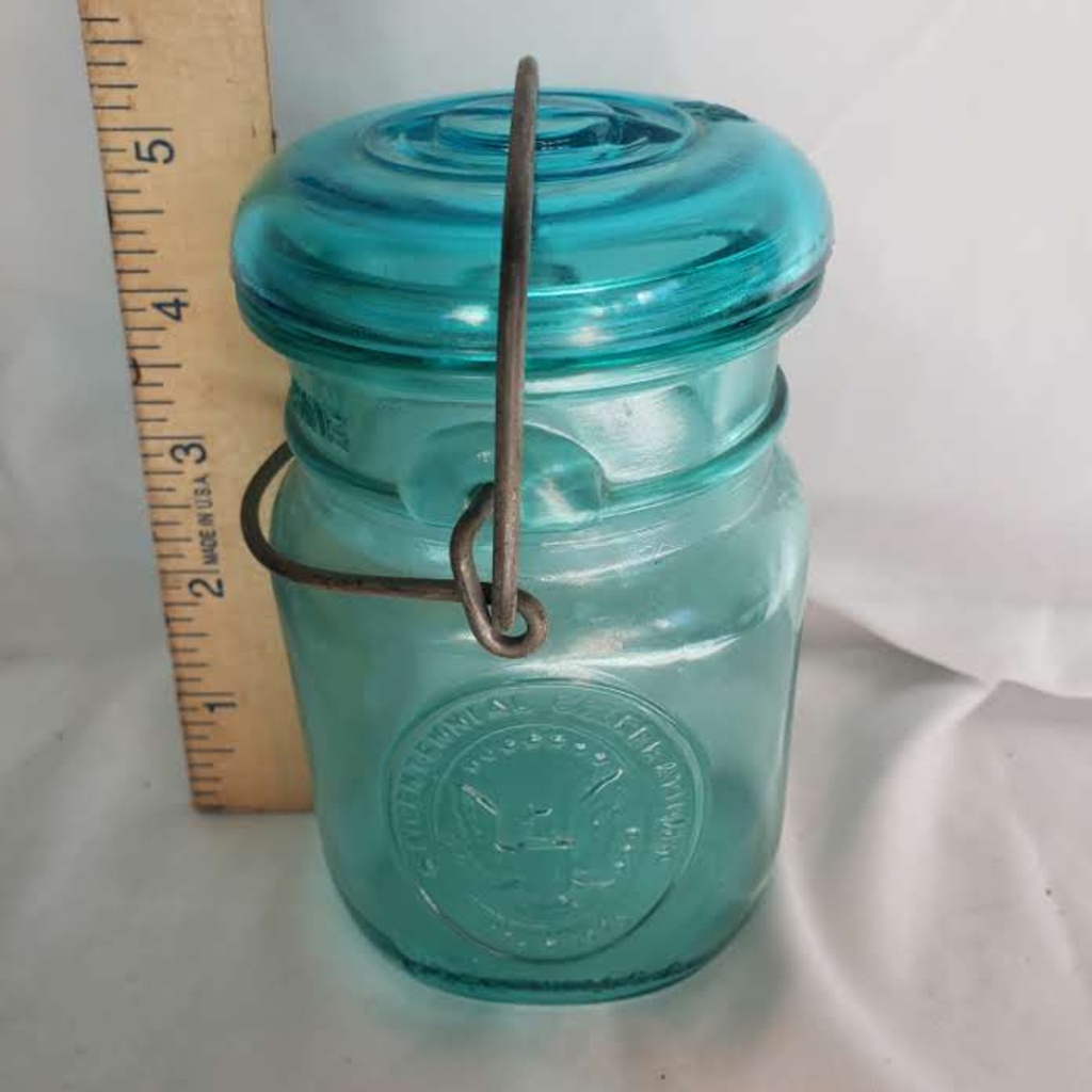 BALL IDEAL Green Glass MASON JAR NEW BLUE BICENTENNIAL W/EAGLE WIRE BAIL PINT 