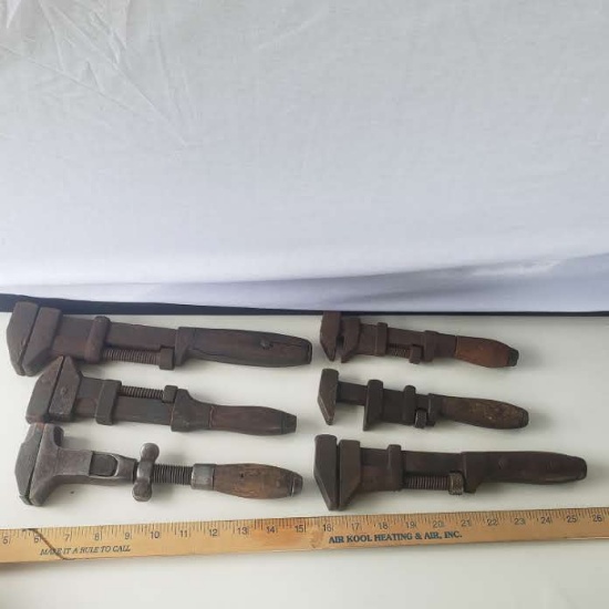Lot of 6 Antique Wood Handle Wrenches, Various Brands