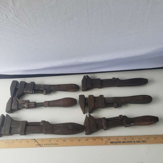 Lot of 6 Antique Wood Handle Wrenches, Various Brands