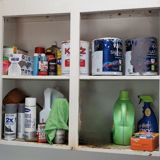 Cabinet Lot of Misc Paint, Cleaners, Lightbulbs & More