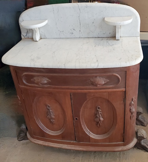 Nice Marble Top Cabinet with Carved Appliques & Claw Feet Previously Used as Bathroom Vanity
