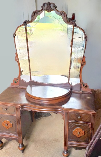 Antique Vanity with Divided Mirror, 4 Drawers & Hinged Flip-up Center Storage