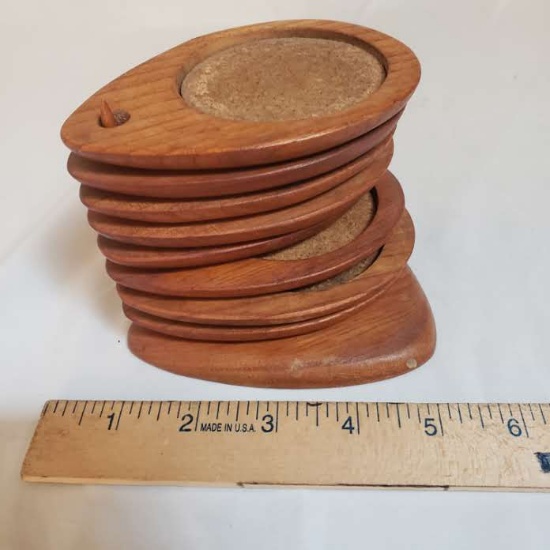 Mid Century Hand Carved Teak Wood Coaster Set, 8 Coasters and Caddy