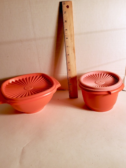 Pair of Orange Plastic Tupperware Bowls with Lids