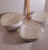 Lot of 3 Cornflower Blue Corning Ware Casserole Dishes with Lids
