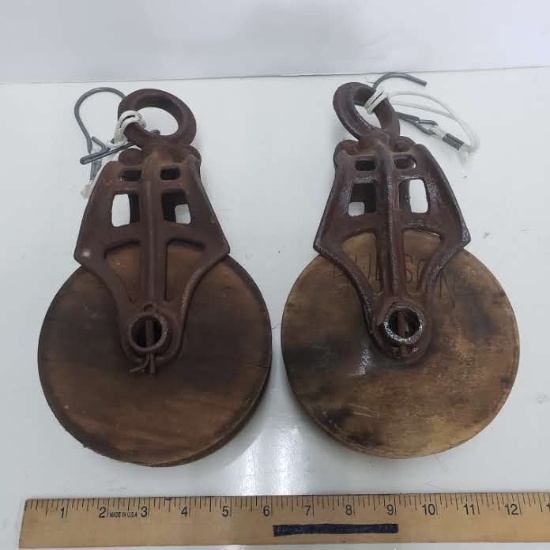 Matching Pair of Hudson Antique Wood and Cast Iron Pulleys