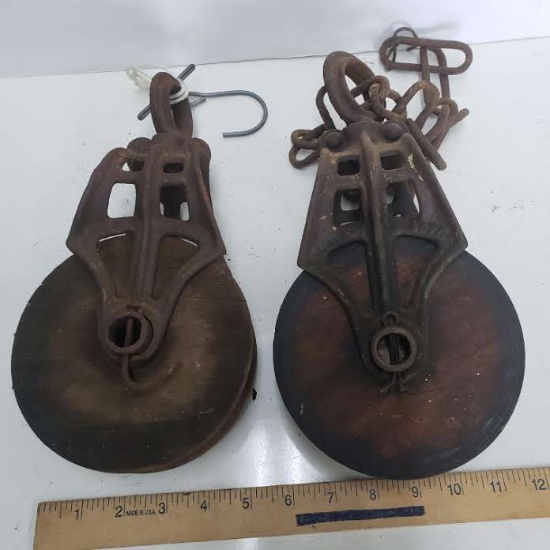 Matching Pair of Hudson Antique Wood and Cast Iron Pulleys